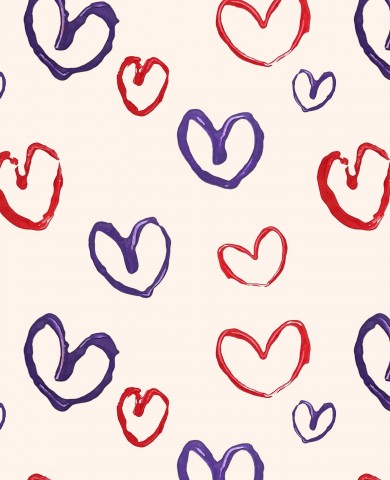 Satin cotton pattern of red, blue and purple hearts