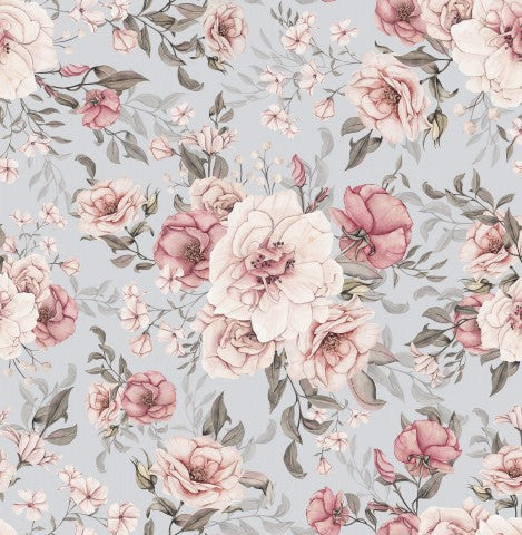 Rib Jersey Blumenmuster mit rosa Blumen auf blauem Hintergrund