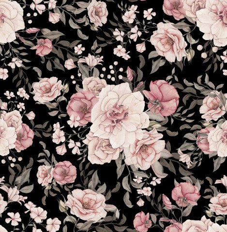 French Terry ein schwarz-weißes Blumenmuster mit rosa Rosen