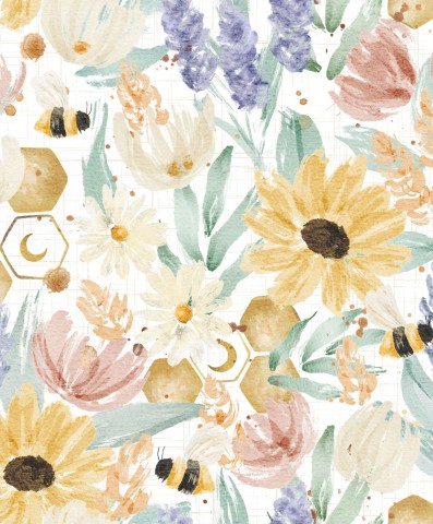 Muslin a watercolor floral pattern with bees and flowers