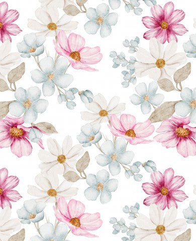  Muslin et blomstermønster med lyserøde, blå og hvide blomster