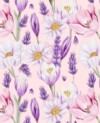 Rib Jersey Lavendel und lila Blüten auf einem rosa Hintergrund