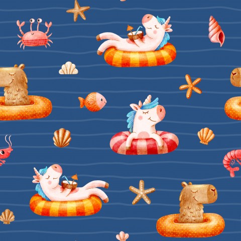 Jersey Summer Fun Capybara and Unicorn Blue