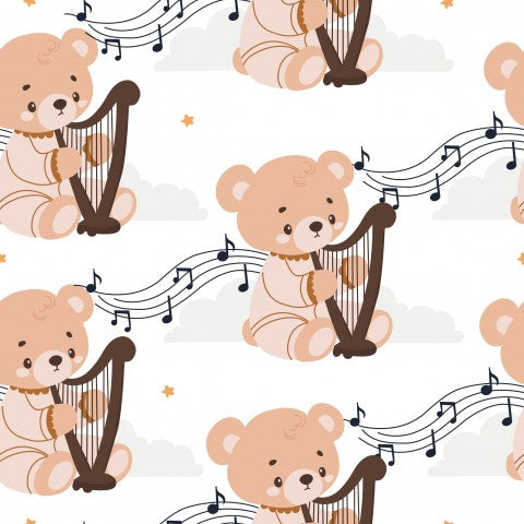 Muslin Cute little teddy bear playing the harp
