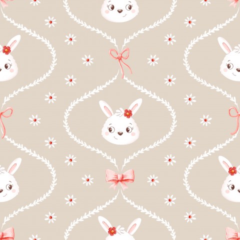 Satin cotton rabbit pattern with flowers and bows