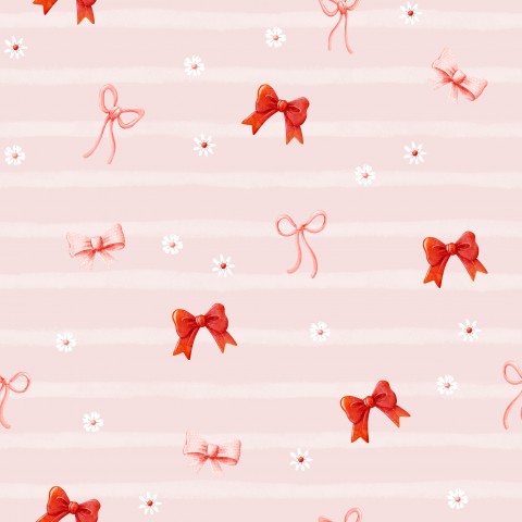 French Terry red bows and flowers on pink background