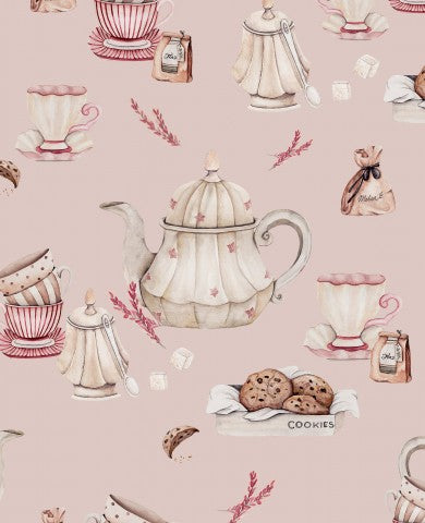 Teiere e biscotti in tessuto impermeabile su sfondo rosa