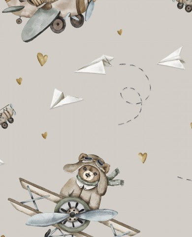 Wasserdichter Stoff ein Teddybär- und Flugzeugmuster auf grauem Hintergrund