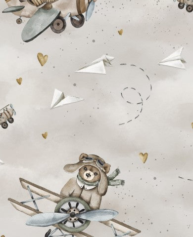 Wasserdichter Stoff einen Teddybären und ein Flugzeug, die am Himmel fliegen