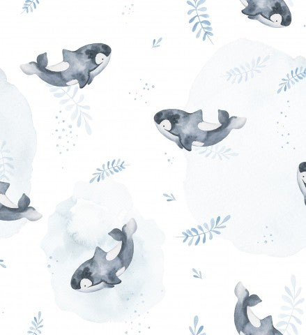 Aquarelle en satin de coton baleines et feuilles