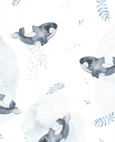 Aquarelle en satin de coton baleines et feuilles
