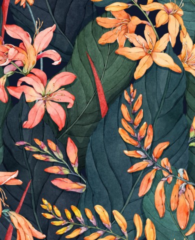 Satin de coton, une illustration à l'aquarelle de fleurs et de feuilles tropicales