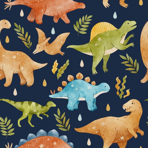 French Terry watercolor pattern with dinosaurs and leaves
