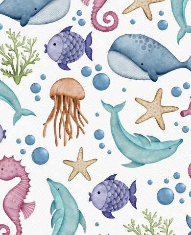 Canvas cotton a seamless watercolor background with sea creatures and fish