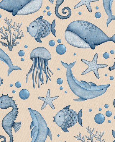  Animali marini e pesci in French Terry