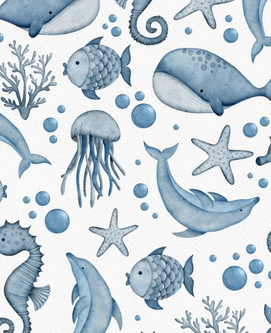  Motivo acquerello in cotone satinato con creature marine e pesci