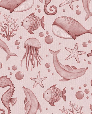 Musselin Muster aus Meerestieren und Fischen in Rosa
