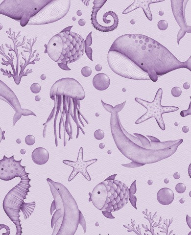 Musselin ein lila-weißes Muster mit Meerestieren und Fischen