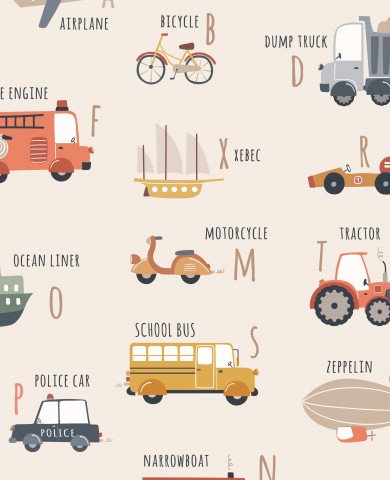 Waterproof fabric Vehicles alphabet beige
