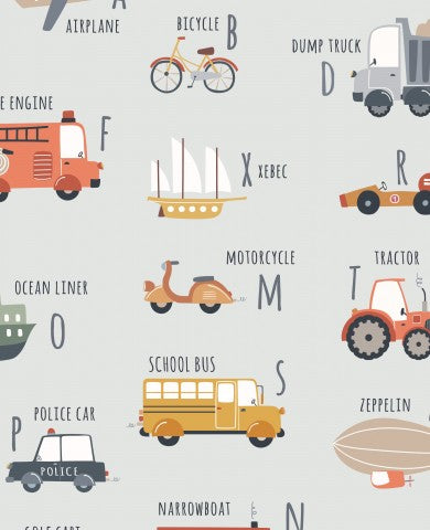 Waterproof fabric Vehicles alphabet pale blue