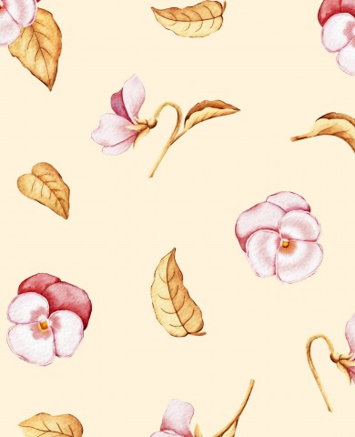  Motivo acquerello in mussola con fiori e foglie rosa