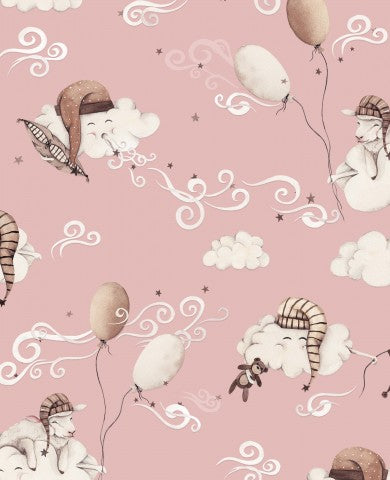 Rib Jersey Wolken und Luftballons auf rosa Hintergrund