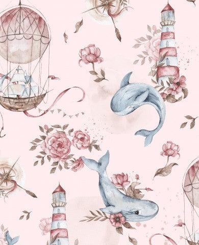 Waterproof fabric whales adventure 30x30cm pink