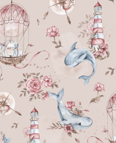 Waterproof fabric whales adventure 30x30cm taupe