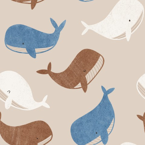  Tessuto impermeabile con motivo di balene blu, bianche e marroni