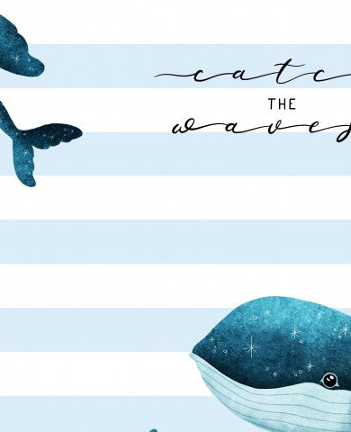  Tessuto impermeabile con sfondo a righe blu e bianche con due balene e la scritta "Eat the Wave"
