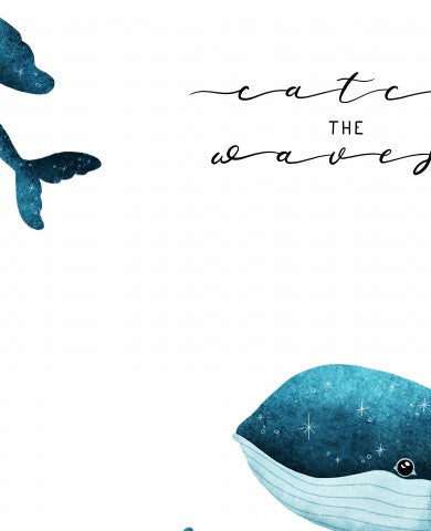  Tessuto impermeabile con illustrazione ad acquerello di due balene e la scritta "Catch the Wave"