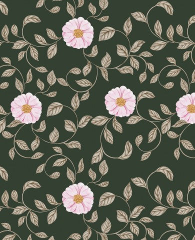  Tessuto impermeabile con fiori e foglie rosa su sfondo verde scuro