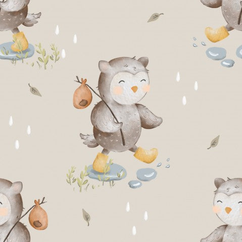 Tissu imperméable hiboux et gouttes de pluie