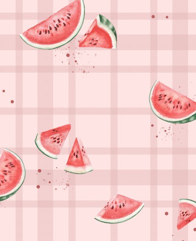 Muslin watermelon slices on a pink checkered background