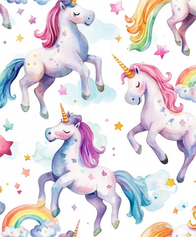 Waterproof fabric with colorful unicorns and rainbows