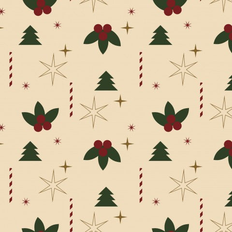 Sapins de Noël et baies de houx en satin de coton
