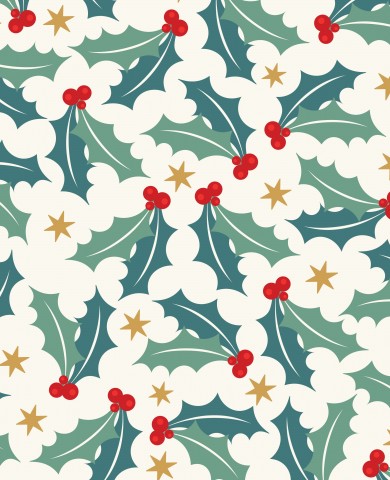 Satin de coton à motif de Noël avec des feuilles de houx et des étoiles