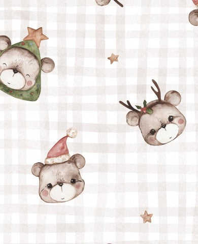Muslin Christmas teddies 30 narrow checked