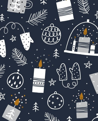 Musselin Weihnachtsartikeln auf dunkelblauem Hintergrund