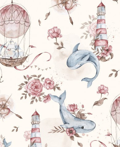 Waterproof fabric Whales Adventures 30x30cm ecru