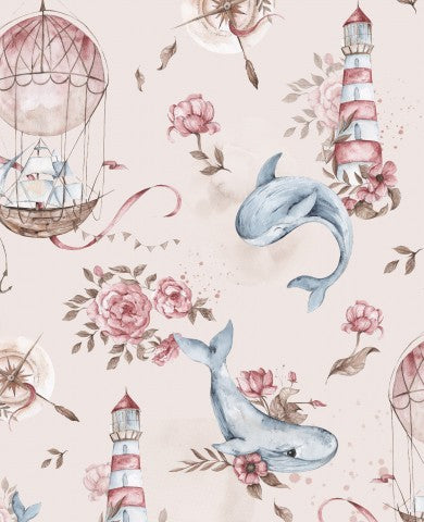 Waterproof fabric Whales Adventures 30x30cm light taupe