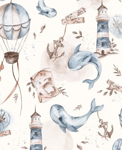 Wasserdichter Stoff Whales Adventures Jungen 30x30cm ecru