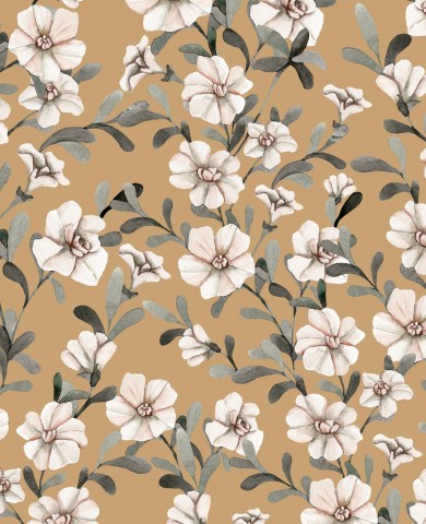  Motivo floreale French Terry con fiori bianchi su sfondo marrone chiaro