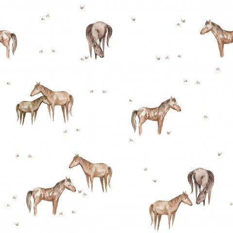 Tessuto impermeabile con motivo di cavalli su sfondo bianco
