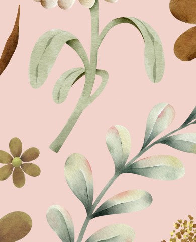  Fiori e foglie acquerellati in jersey a coste su sfondo rosa