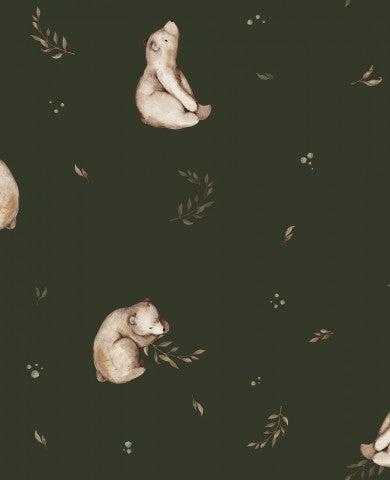 Satin cotton a pattern of bears and leaves on dark green fabric