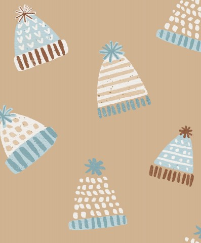 Muslin pattern of knitted hats on a brown background