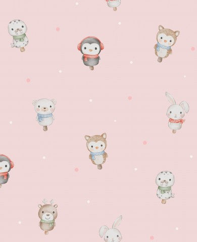 Canvas cotton a pink wallpaper with cute animals on it