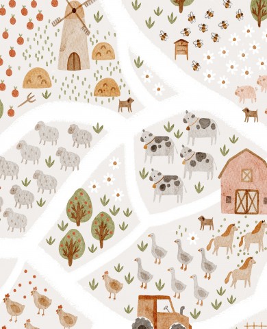  French Terry una ilustración de una granja con animales y animales de granja