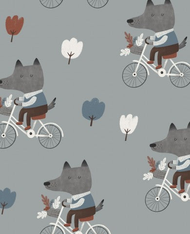Toile de coton représentant un loup à vélo